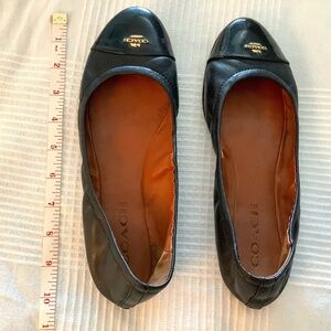 COACH Ballerina Black Leather and Patent Leather Flat with Gold Tone Logo